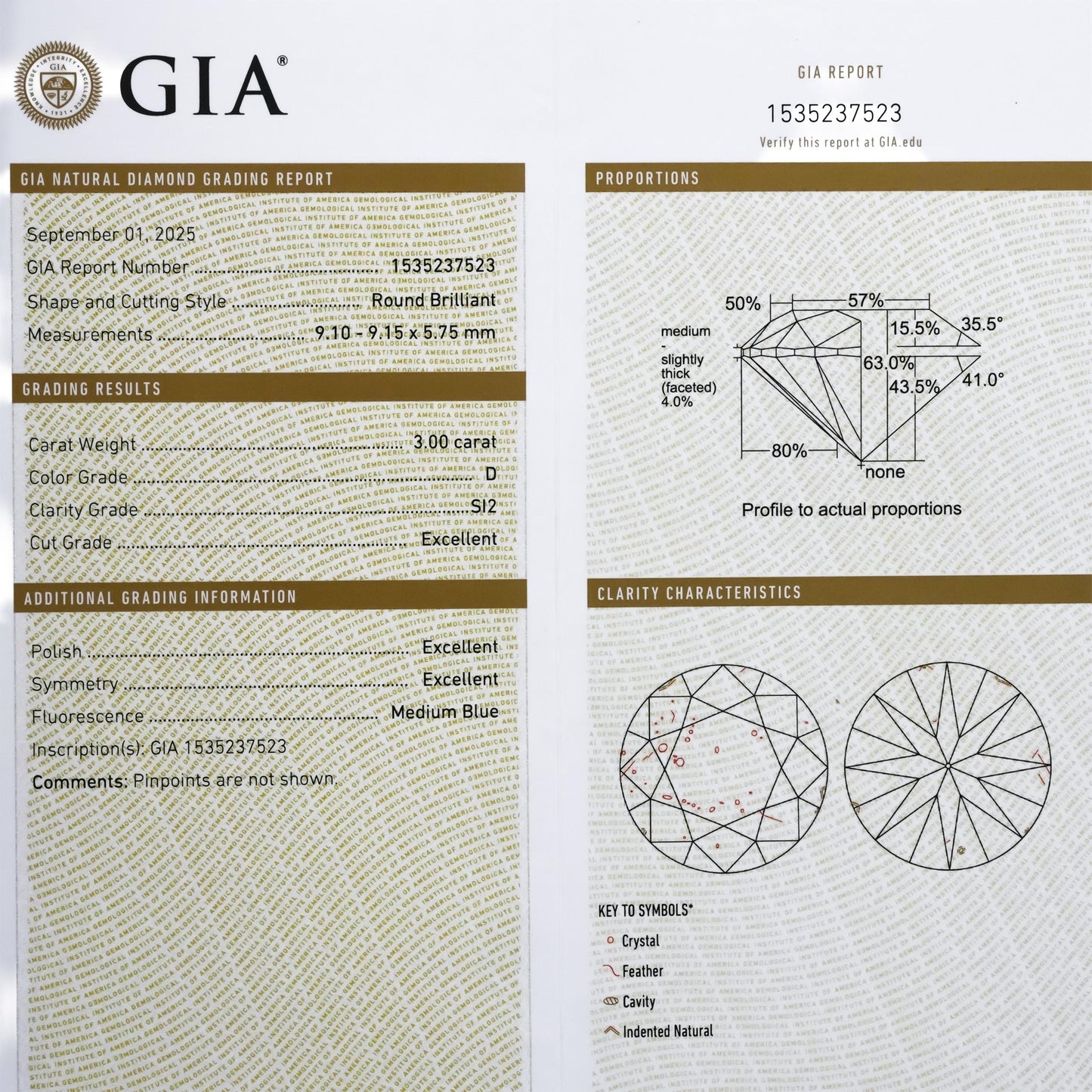 GIA Certified SI2/D Round Cut Natural Diamond Loose Stone 3.0CT