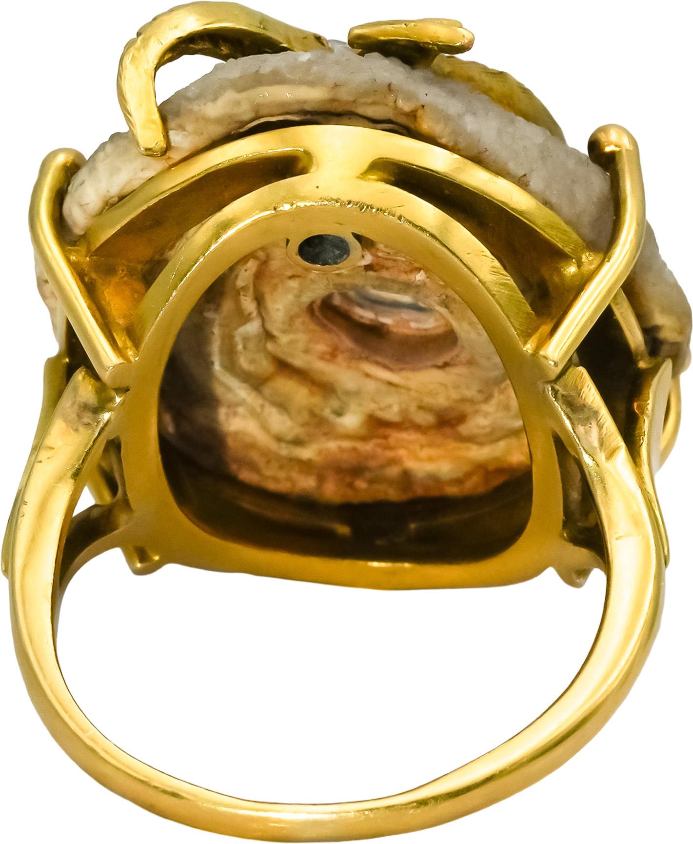 18k Yellow Gold Diamond Emerald Geode Slice Moving Lizard Ring 0.48CT Size 8.25