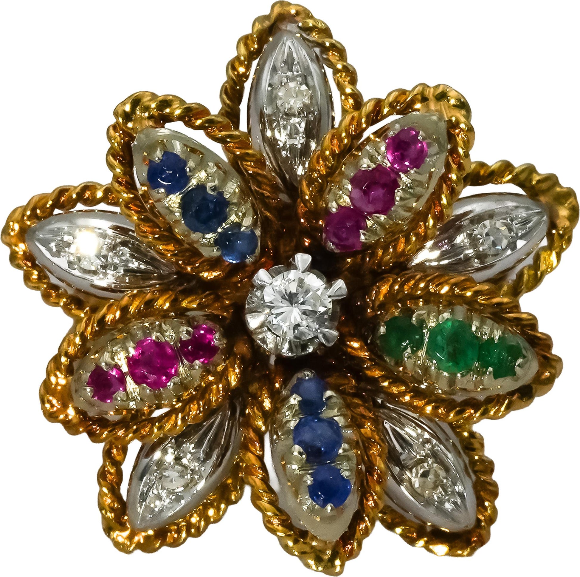 Vintage 18k White Yellow Gold Diamond Ruby Emerald Flower Ring .60CT Size 6.5
