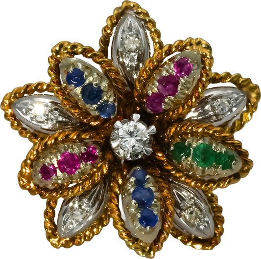 Vintage 18k White Yellow Gold Diamond Ruby Emerald Flower Ring .60CT Size 6.5