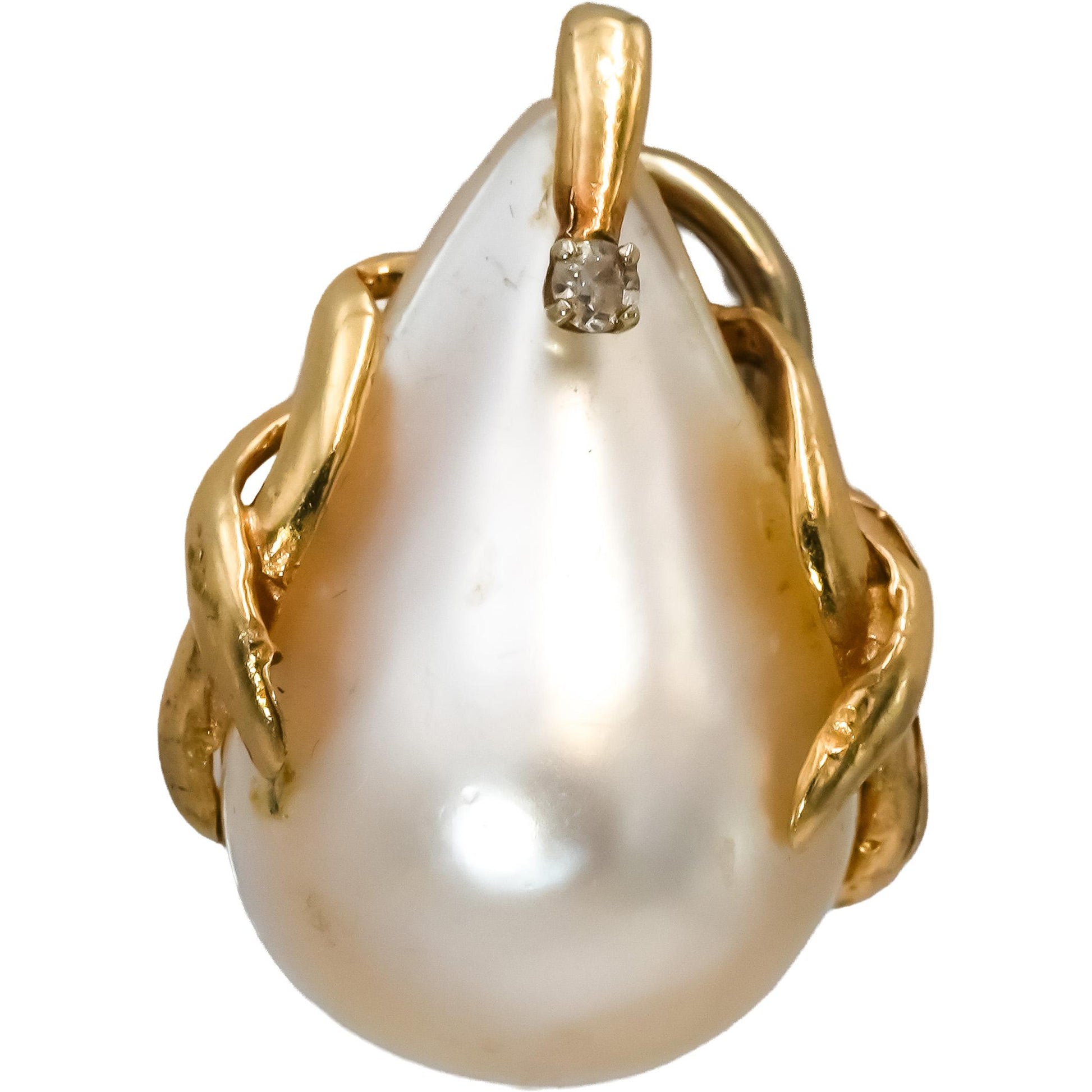 18k Yellow Gold Tear Drop Mabe Pearl Twisted Ribbon Earrings w/ Diamond Accents