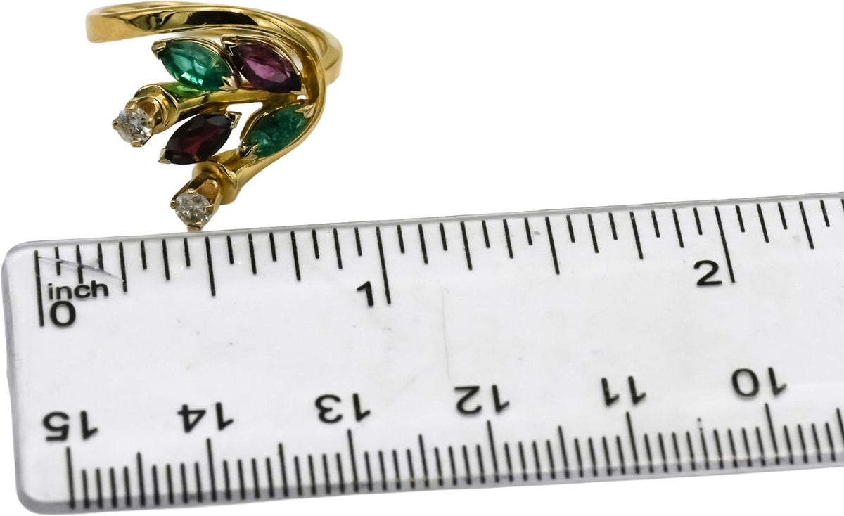 18k Yellow Gold Diamond Ruby Emerald Floral Ring 1.22CT Size 6