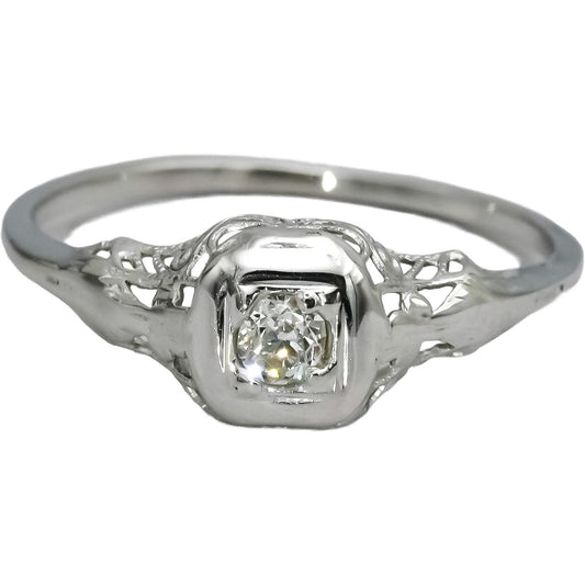 Vintage Antique Deco 14k White Gold VS Diamond Solitaire Ring 0.10CT Size 7.75