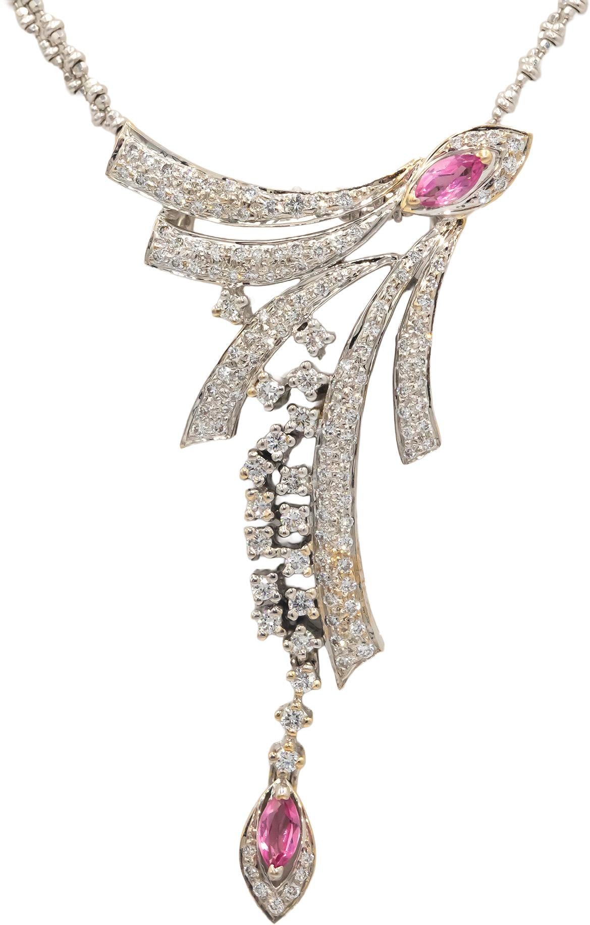 Diamond Pink Sapphire 14K White Gold Earrings and Pendant Necklace Set 2.25CT