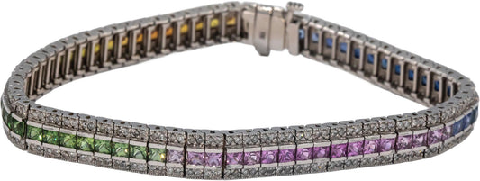 14k White Gold Diamond and Rainbow Sapphire Fancy Tennis Bracelet 8.50CT