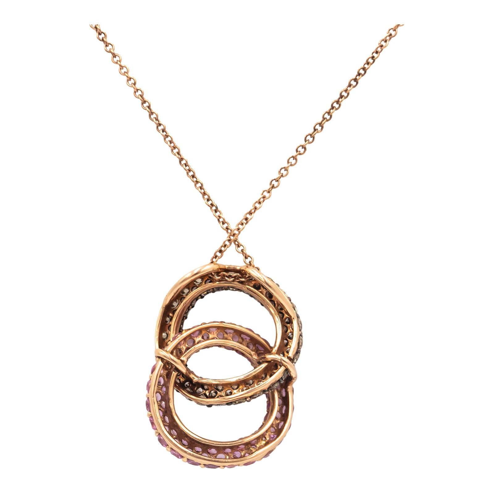 14k Gold 2.0CT Brown Diamond and Pink Sapphire Double Circle Pendant Necklace