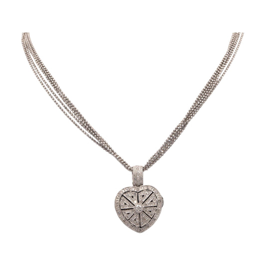14k White Gold 0.13CT Diamond Filigree Heart Locket Pendant Multi-Chain Necklace