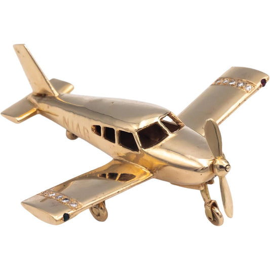 Custom Rare 14k Yellow Gold Diamond and Ruby Airplane Charm 0.25CT
