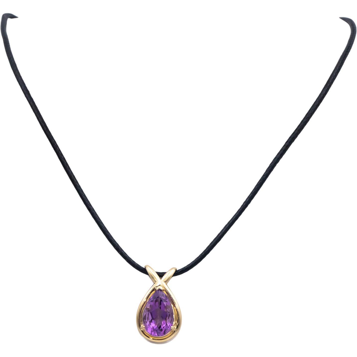 14k Yellow Gold 4.0CT Pear Cut Amethyst Pendant Cord Necklace