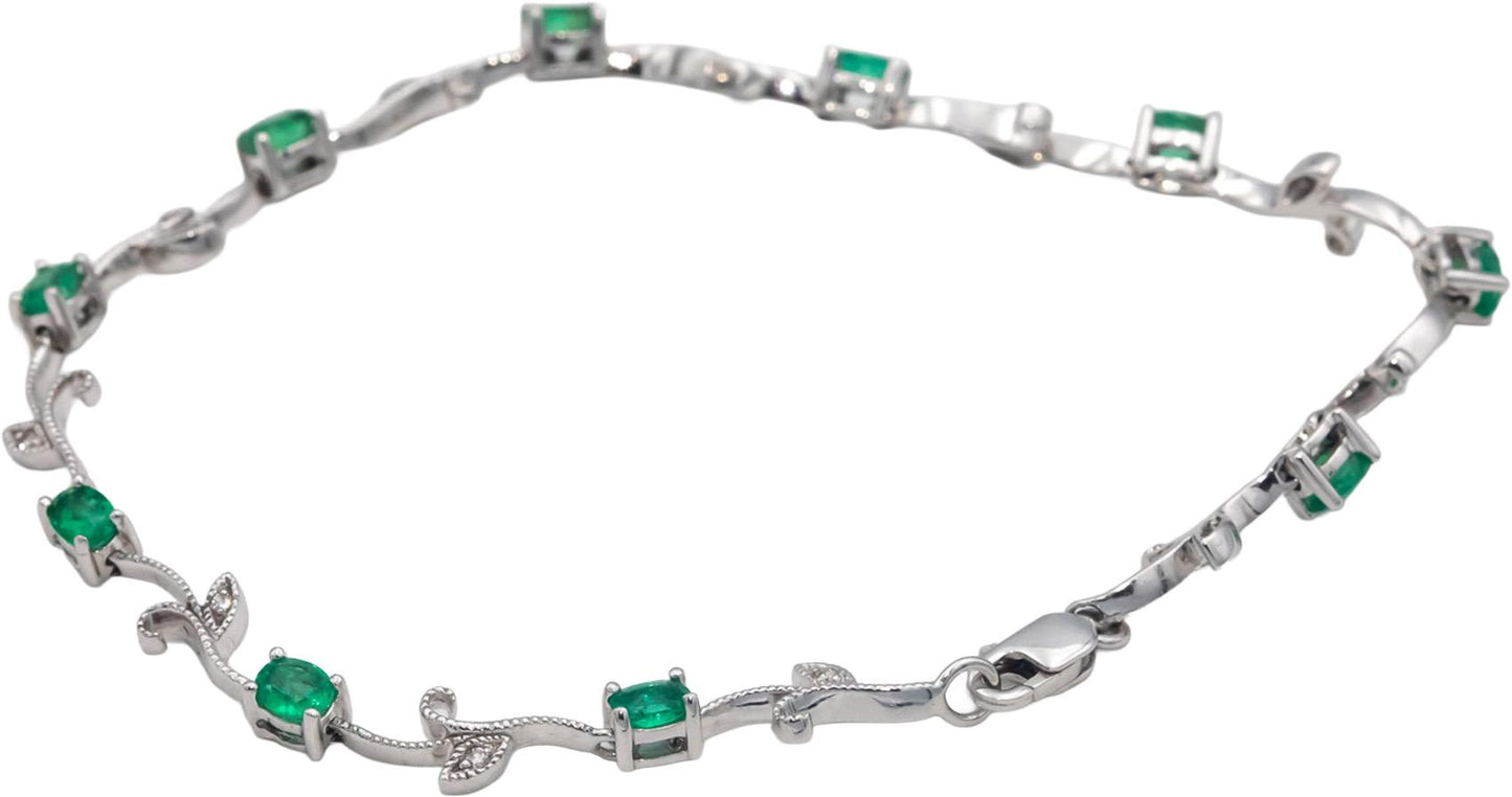 14k White Gold Diamond and Emerald Fancy Floral Link Bracelet 1.56CT