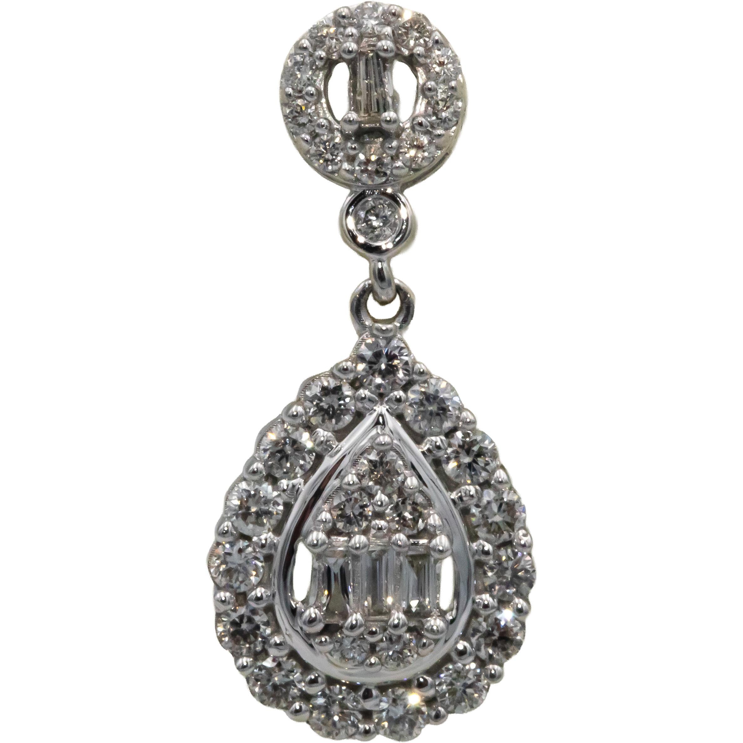 10k White Gold Round and Baguette Cut Diamond Cluster Dangle Earrings 1.0CT