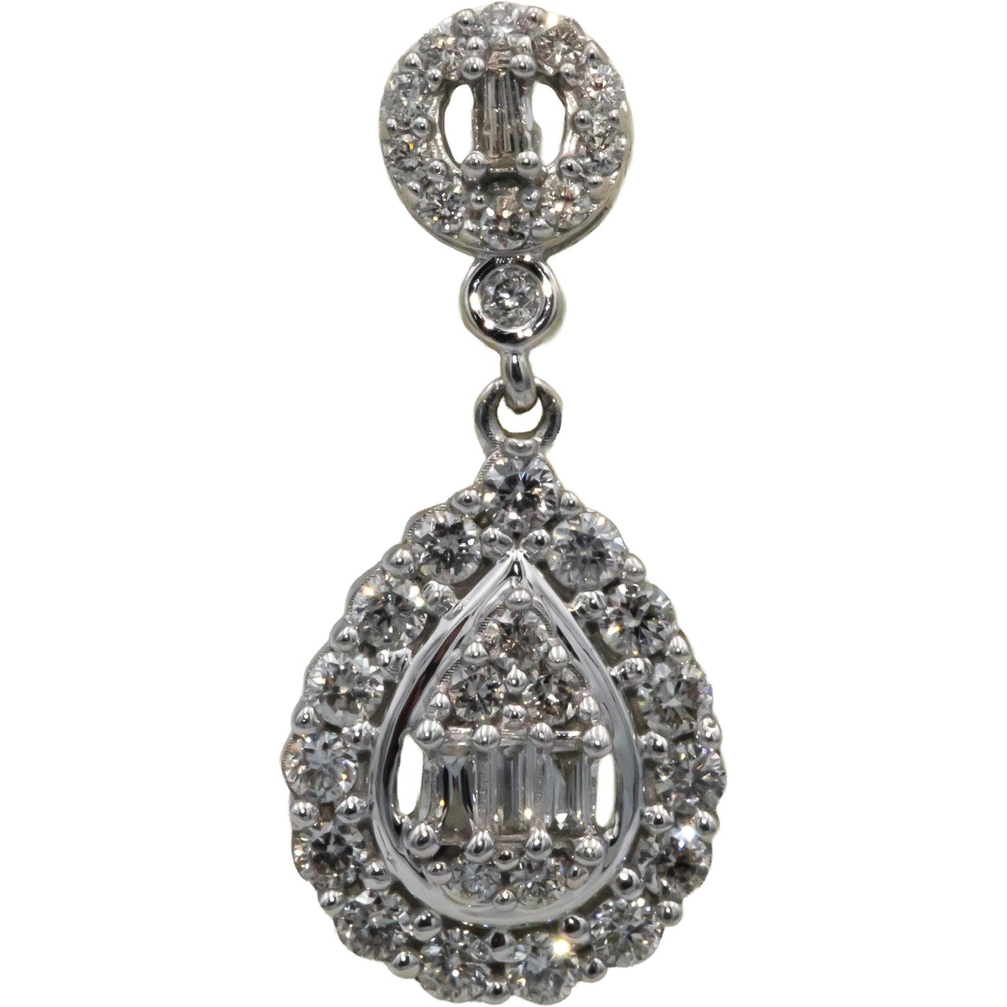 10k White Gold 1.0CT Round and Baguette Cut Diamond Cluster Dangle Earrings