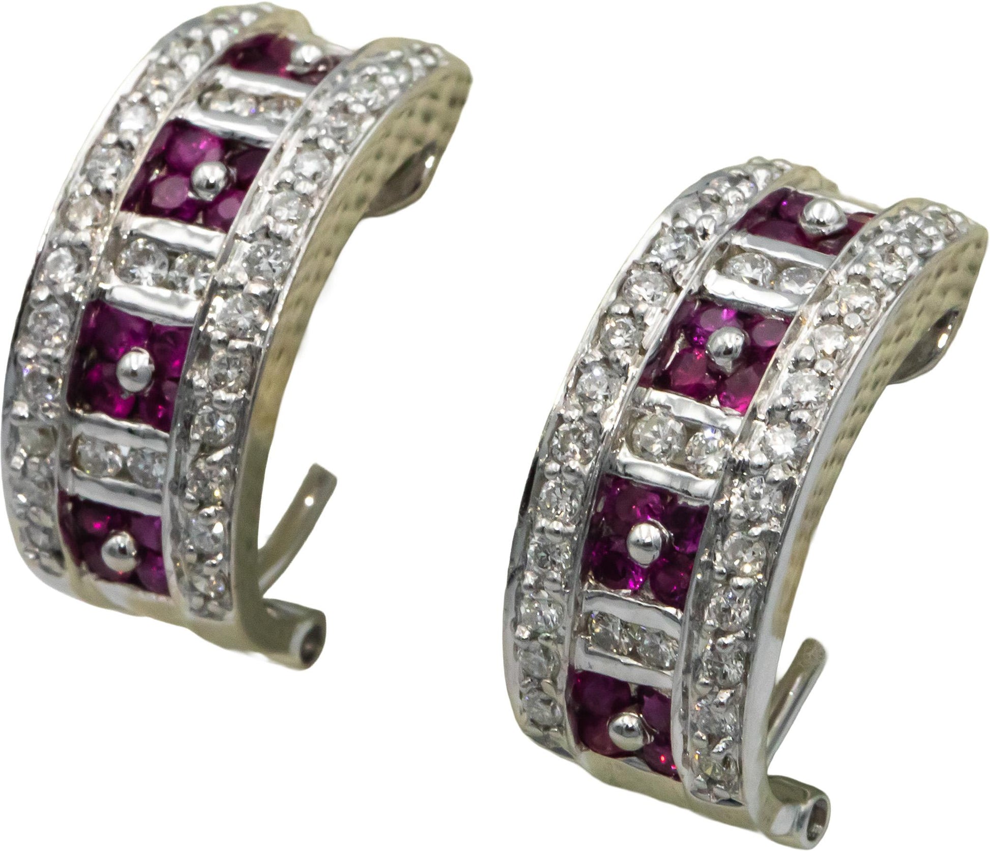 18k White Gold 1.50CT Round Cut Diamond and Ruby Curved Earrings