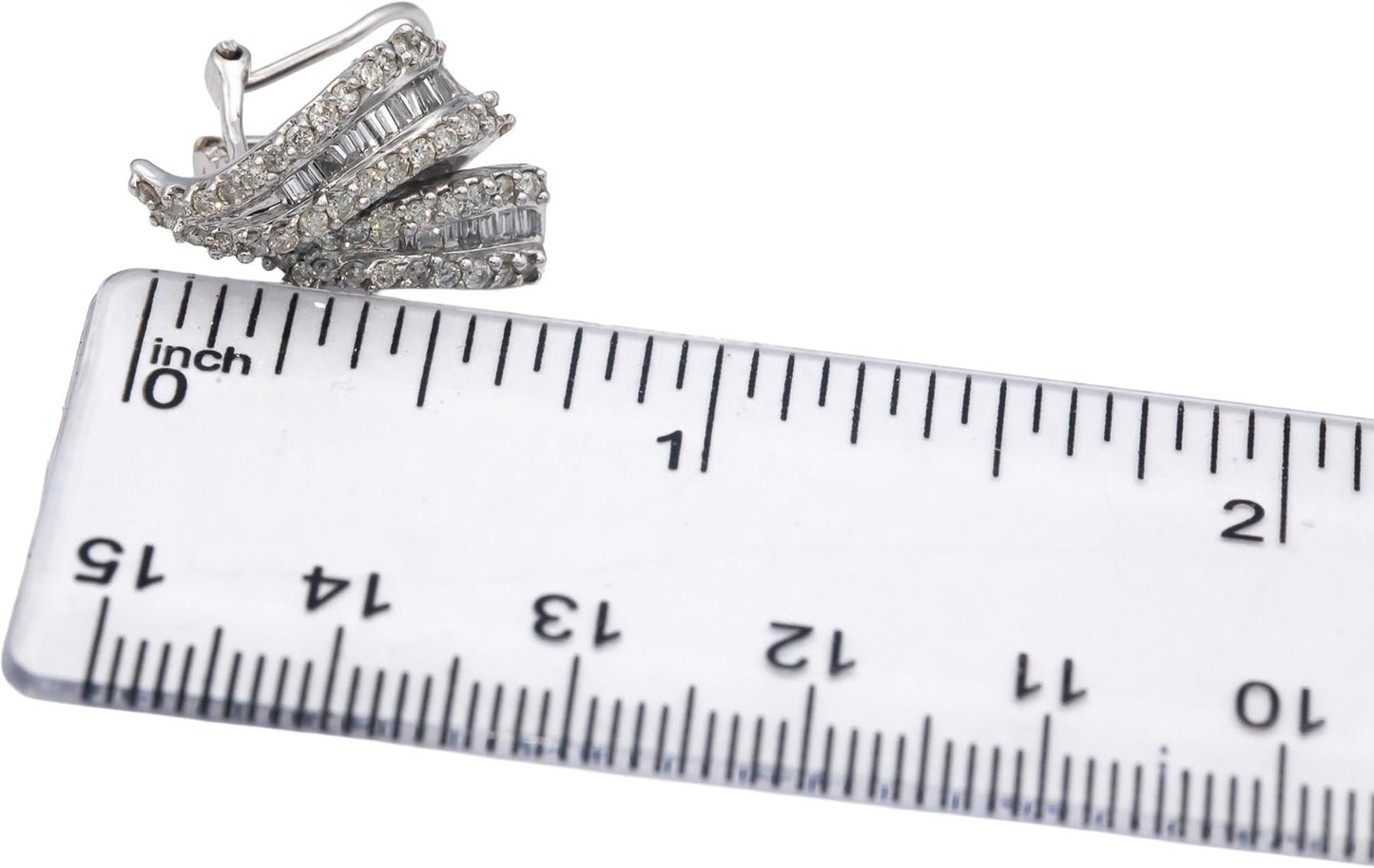 14k White Gold 1.0CT Round and Baguette Cut Diamond Ribbon Earrings