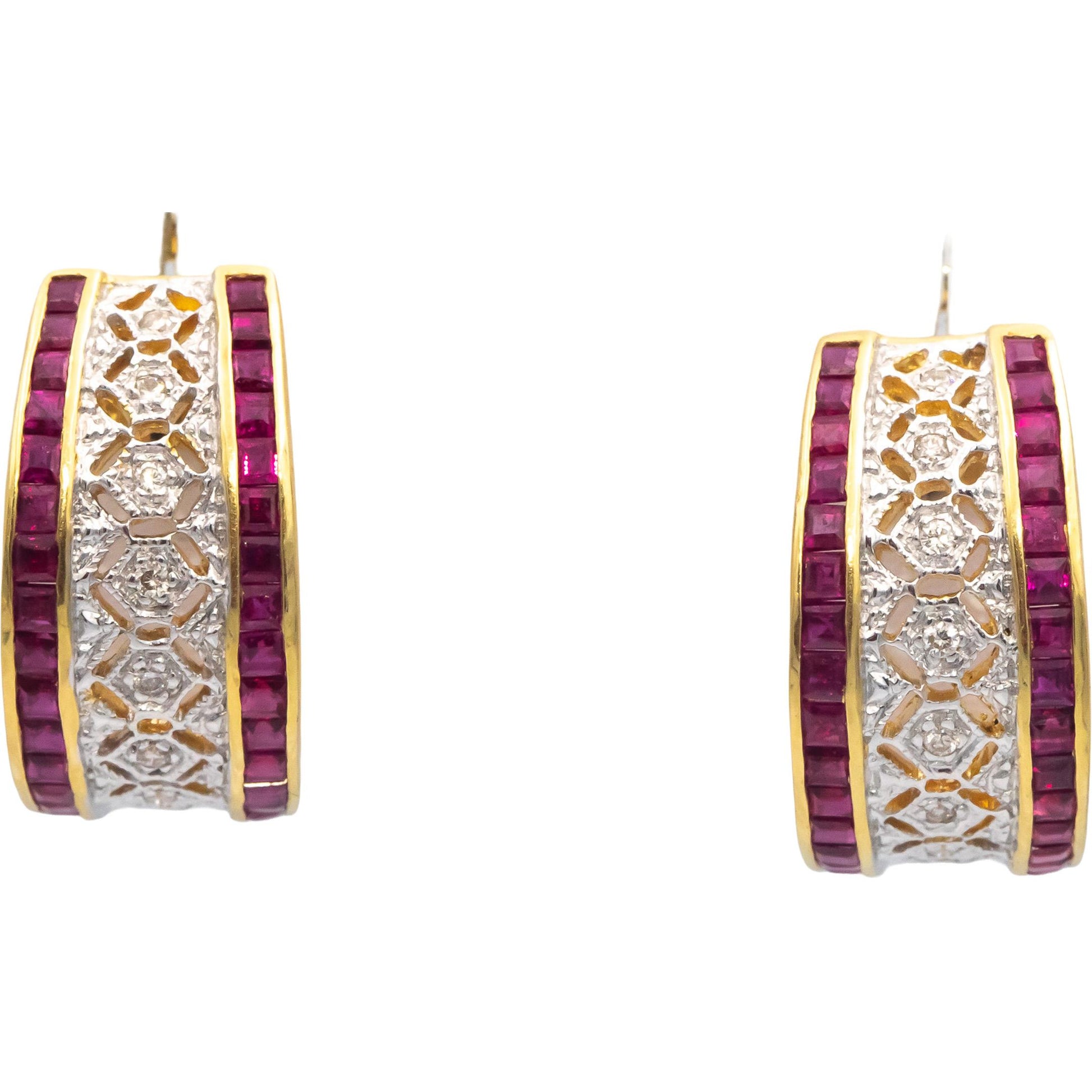18k Yellow & White Gold 1.60CT Diamond and Ruby Curved Earrings