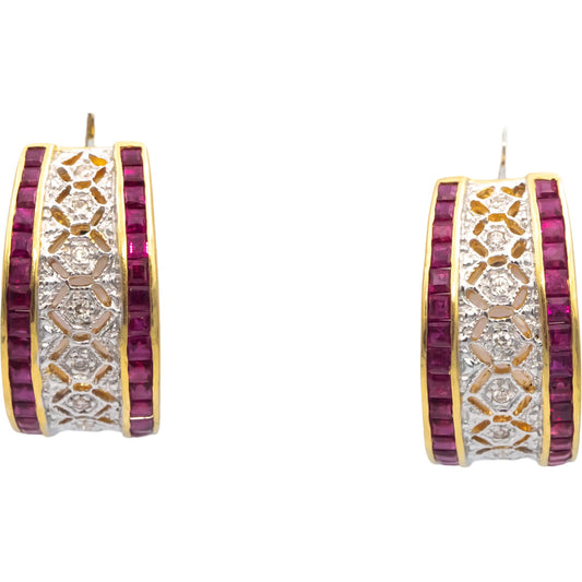 18k Yellow & White Gold 1.60CT Diamond and Ruby Curved Earrings