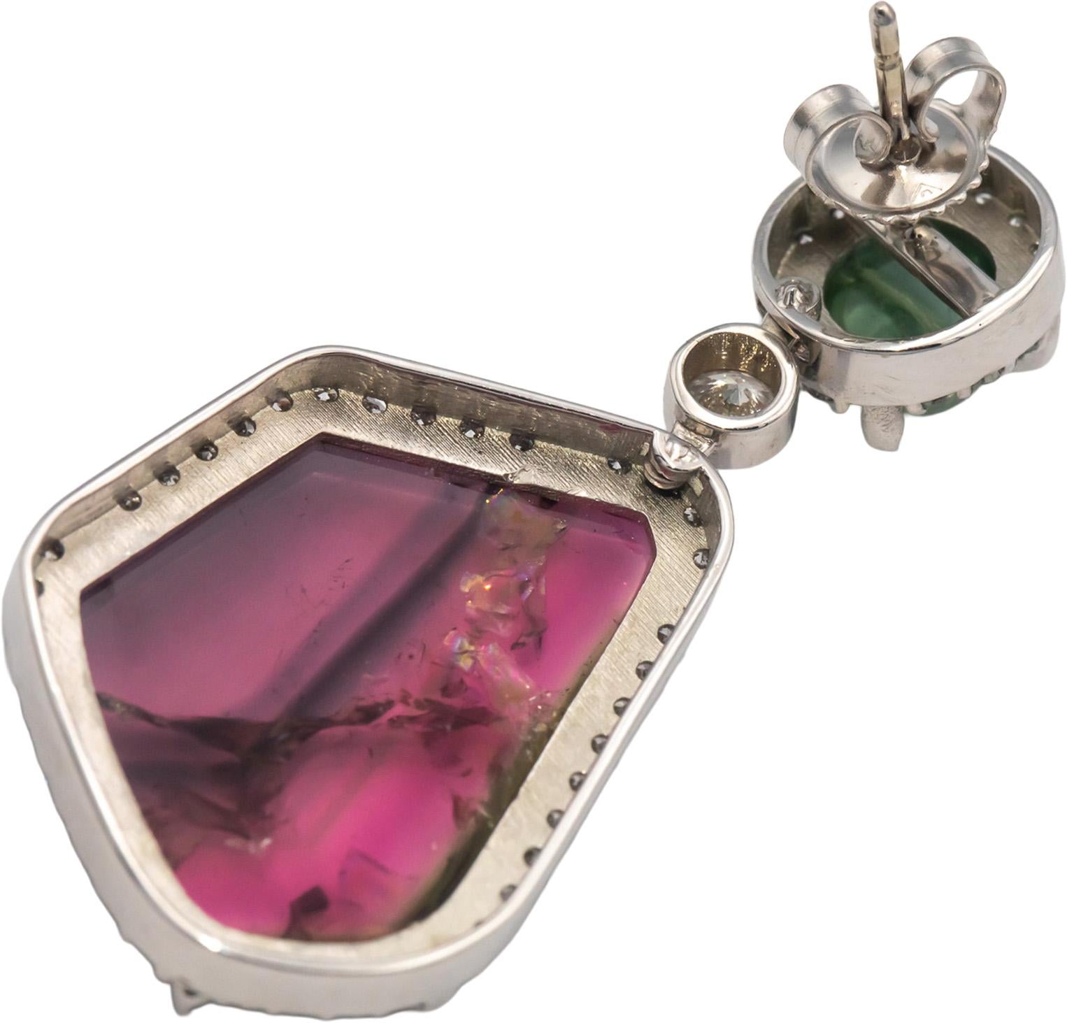 18k White Gold Diamond Green & Pink Tourmaline Dangle Earrings 12.50CT