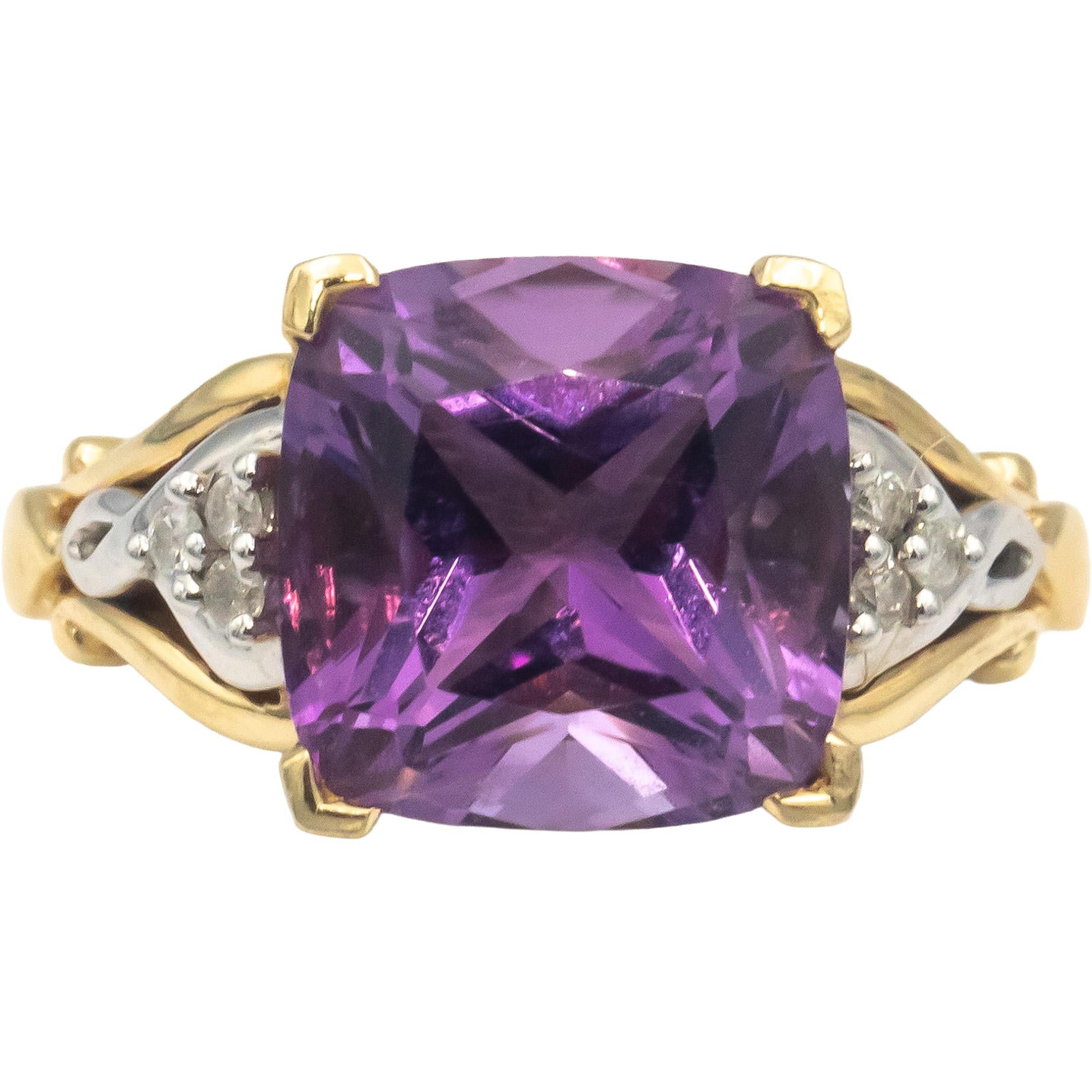 14k Yellow & White Gold 3.05CT Amethyst and Diamond Cocktail Ring Size 6