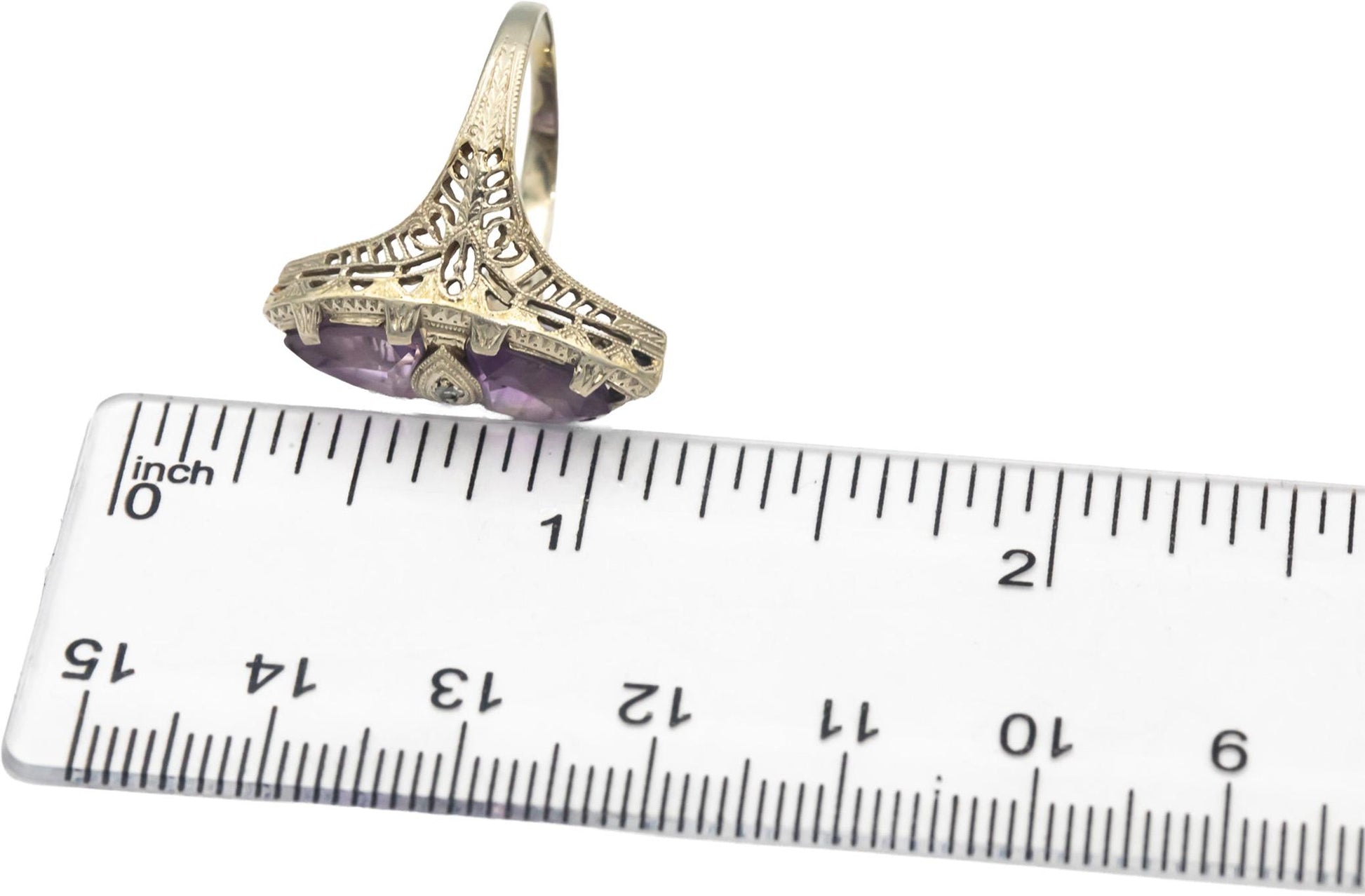 Antique Vintage 14k White Gold 3.0CT Amethyst Filigree Ring w/ Diamond Accents