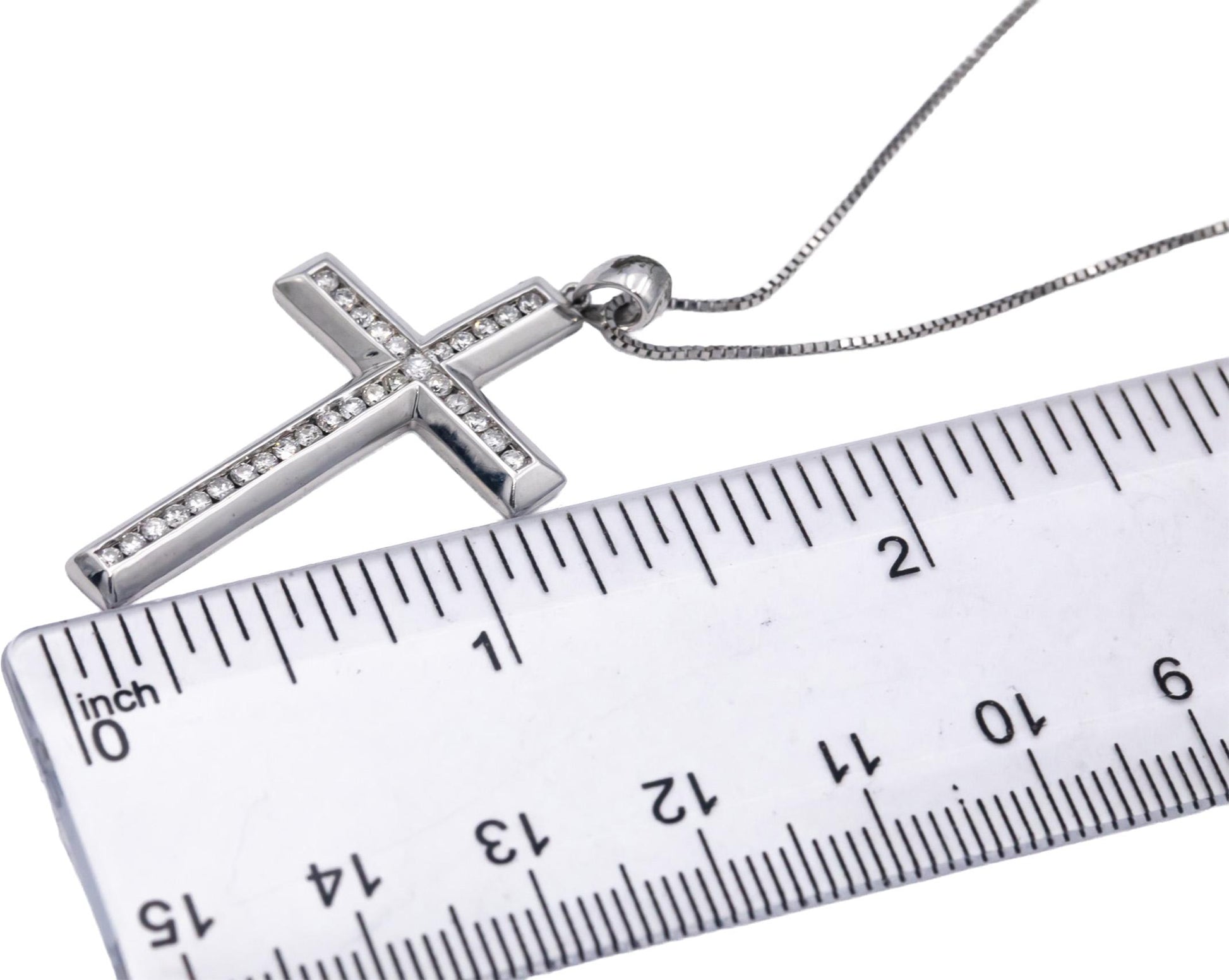 14k White Gold 0.50CT Round Channel Set Diamond Cross Crucifix Pendant Necklace