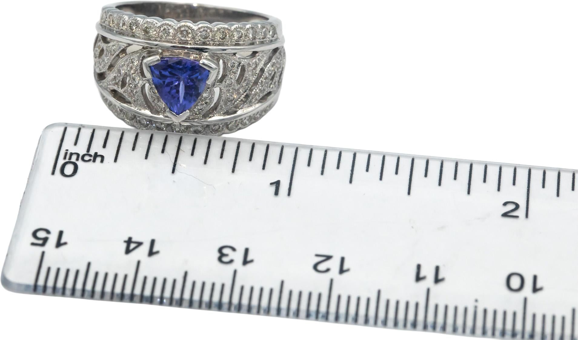 Designer 18k White Gold 1.51CT Diamond and Tanzanite Cocktail Ring Size 6.25