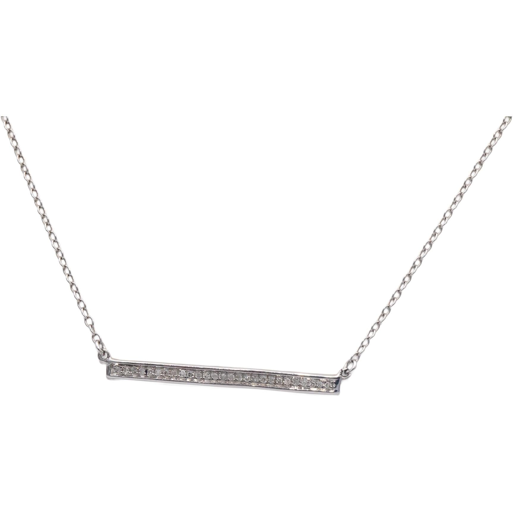 14k White Gold 0.10CT Round Cut Diamond Fixed Bar Pendant Necklace Chain