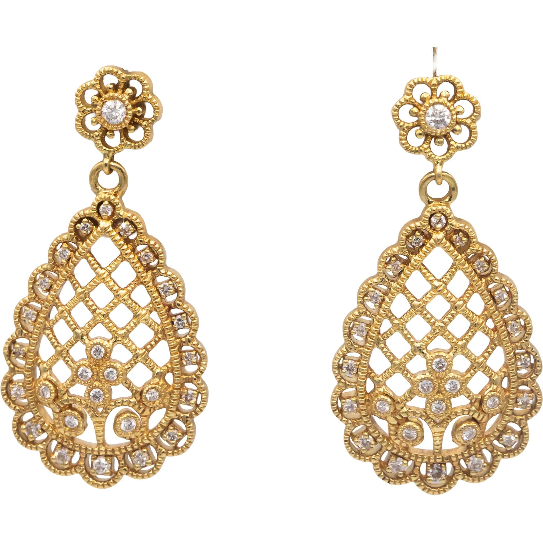 Diamond 18k Yellow Gold VS Round Cut Filigree Drop Dangle Earrings 0.50CT