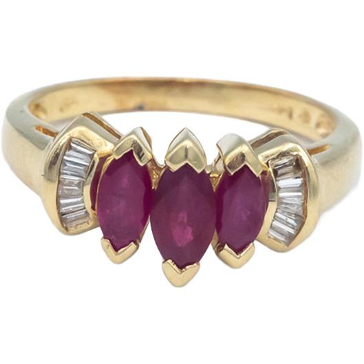 Marquise Ruby and Baguette Diamond 14k Yellow Gold Cocktail Ring 0.60CT Size 6.5