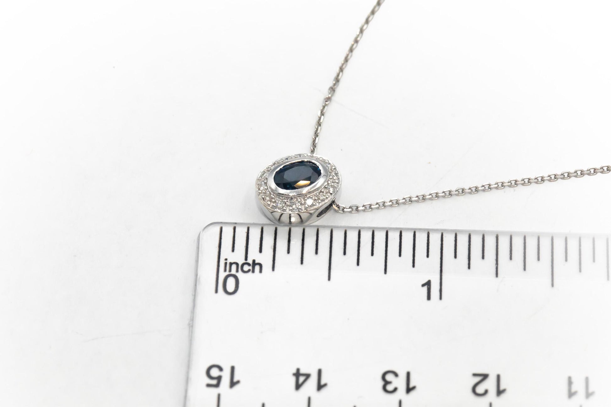 Diamond and Sapphire 18k White Gold Halo Pendant Necklace 0.65CT