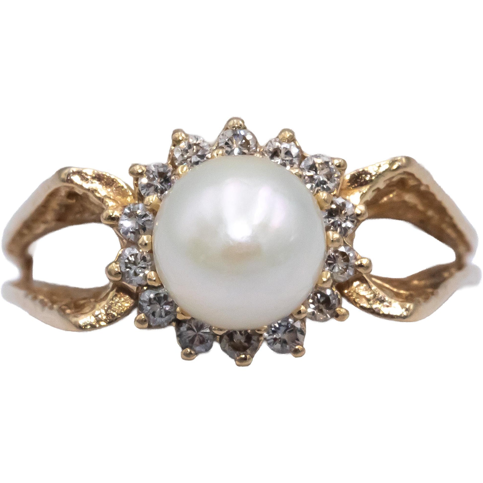 14k Yellow Gold Round Diamond & 6.5mm Pearl Cocktail Ring 0.20CT Size 5.75
