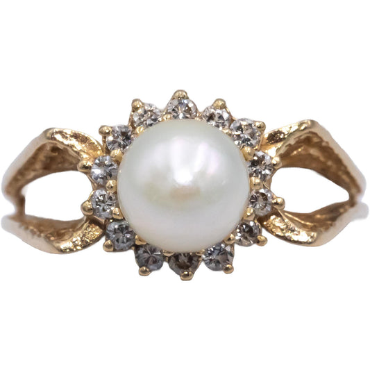 14k Yellow Gold Round Diamond & 6.5mm Pearl Cocktail Ring 0.20CT Size 5.75