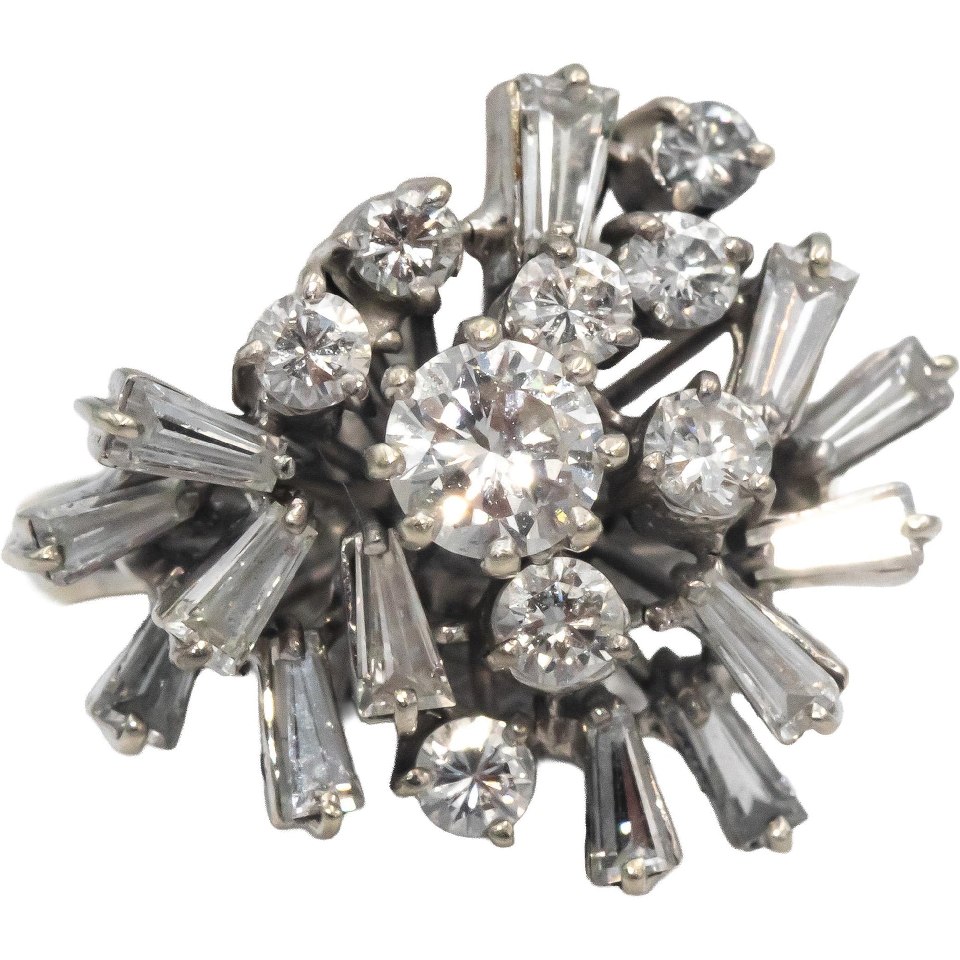 Vintage 18k White Gold VS Round & Baguette Diamond Cocktail Ring 1.50CT Size 6