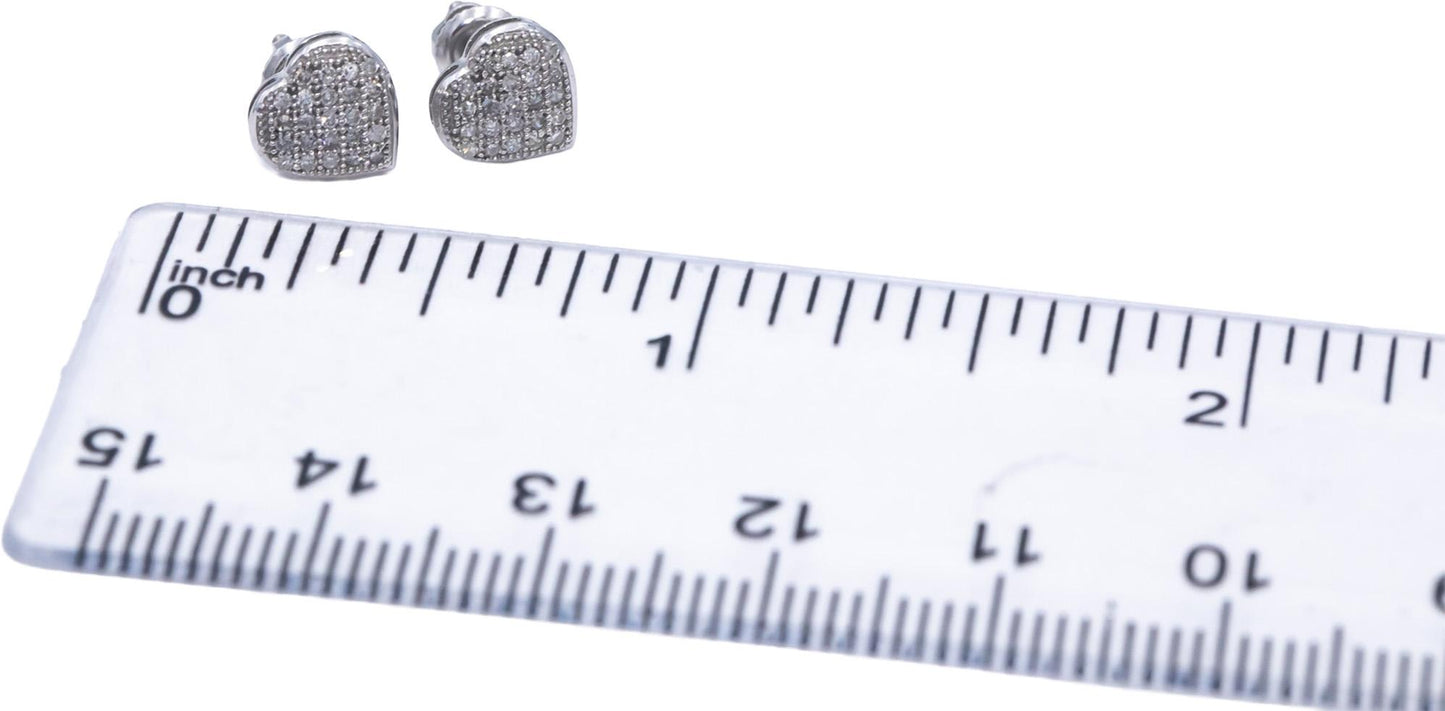 Diamond Round Cut 10k White Gold Cluster Heart Stud Screw Back Earrings 0.10CT