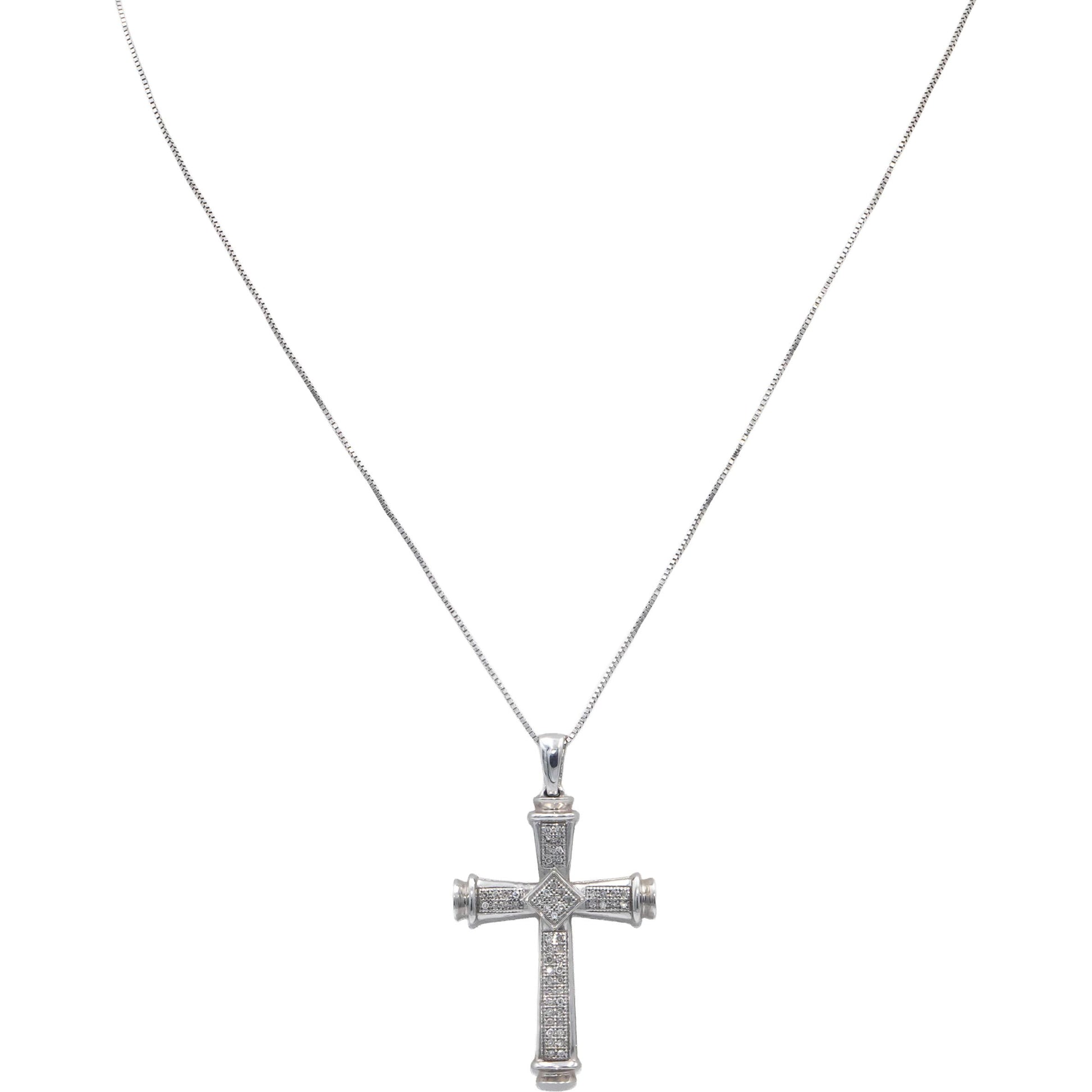 14k White Gold Round Diamond Cross Crucifix Pendant Necklace 0.15CT