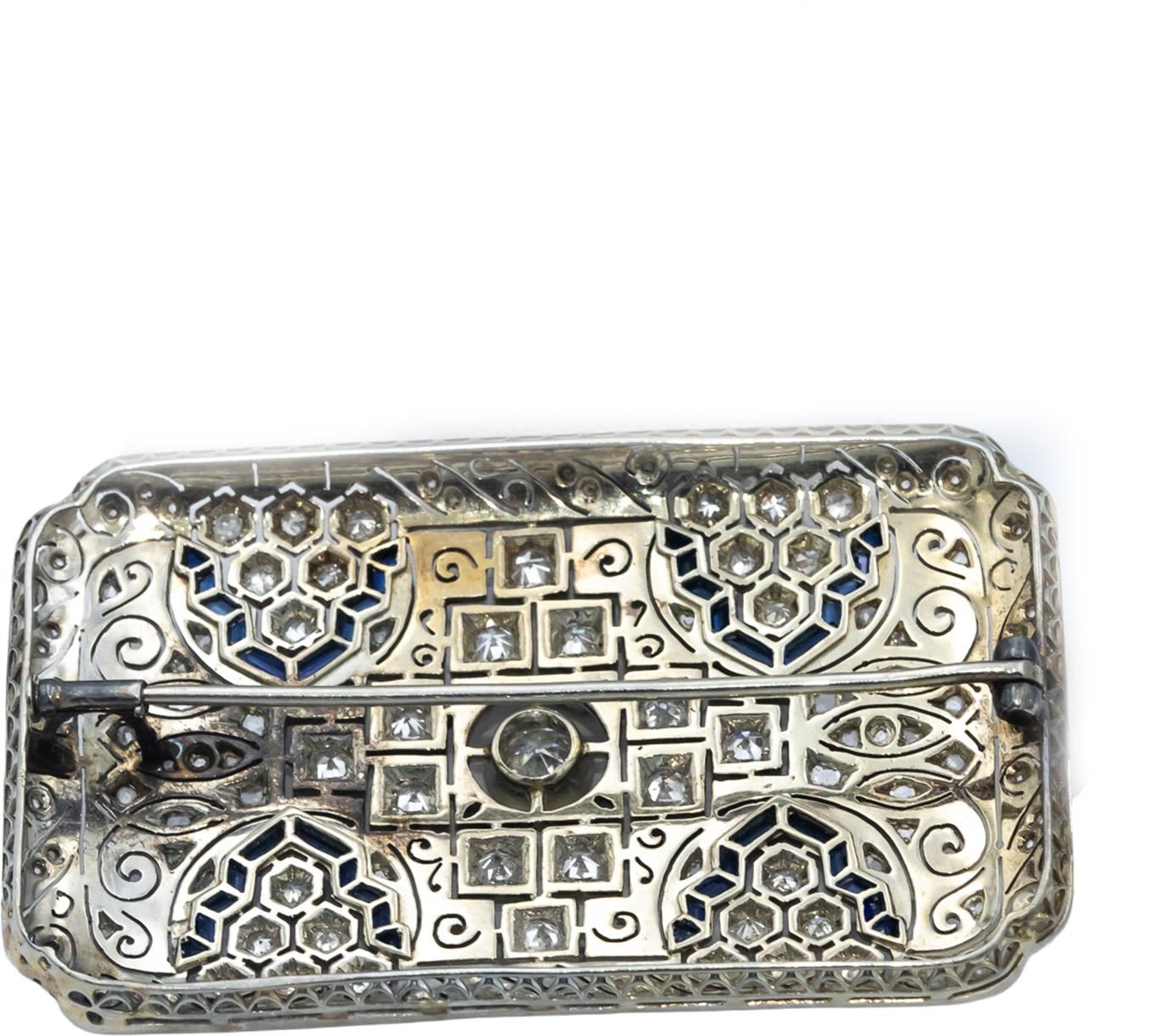 Art Deco Platinum & 18k Gold VS Diamond & Synthetic Sapphire Brooch 1.75CT