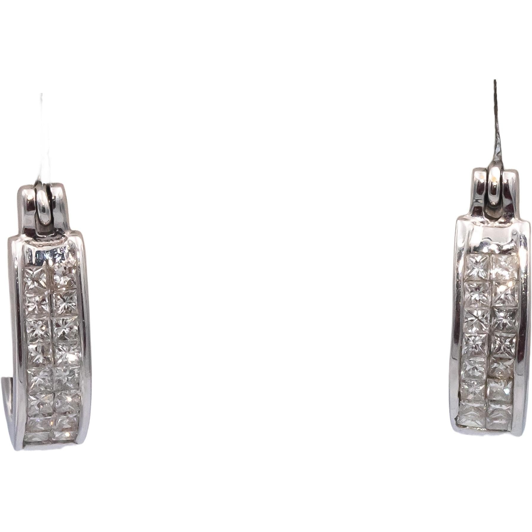 14k White Gold Princess Cut Invisible Set Huggie Hoop Earrings 0.50CT