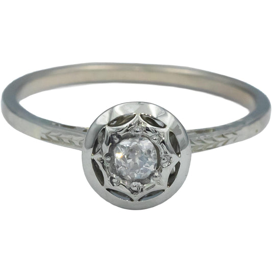 Vintage Antique 18k White Gold Round Diamond Solitaire Ring 0.16CT Size 7.25