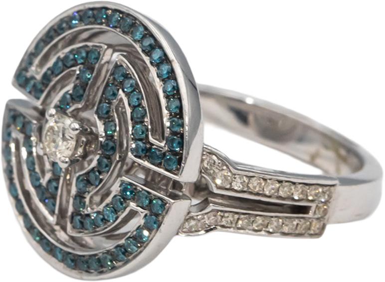 14k White Gold Round White & Blue Diamond Cocktail Ring 0.75CT Size 7