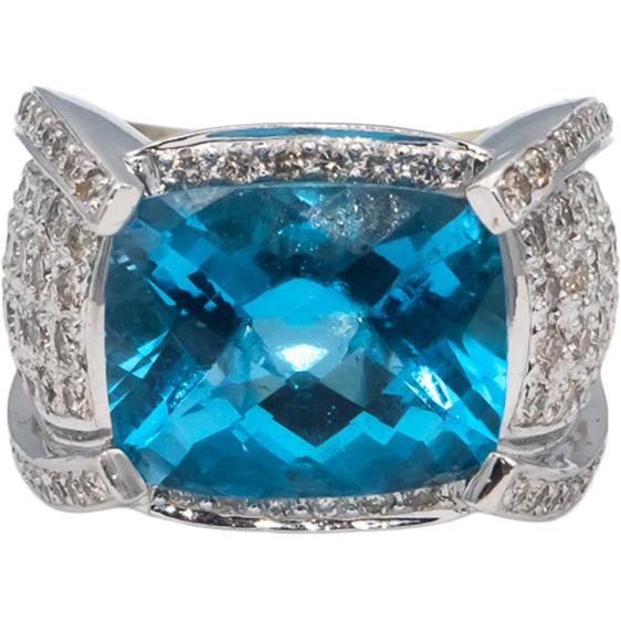 14k White Gold Blue Topaz and Diamond Cocktail Ring 13.50CT Size 7.75