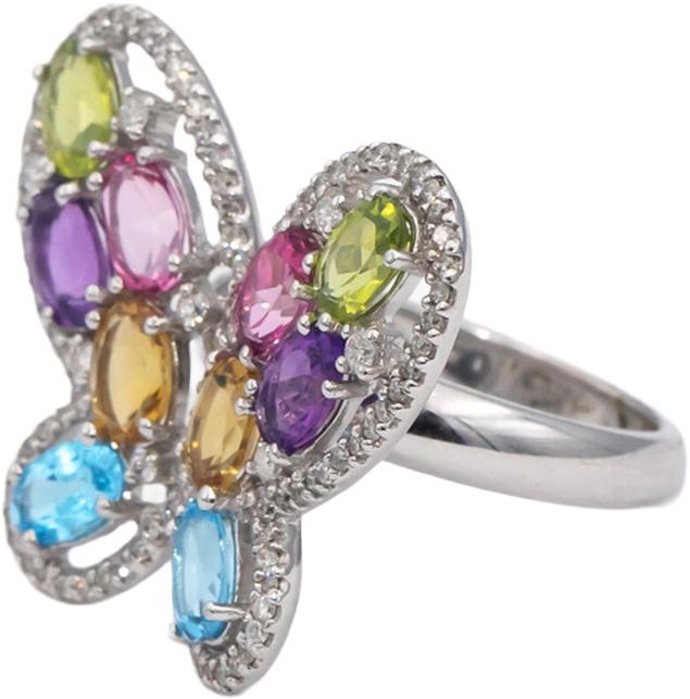 14k White Gold Diamond Assorted Gemstones Butterfly Cocktail Ring 0.75CT Sz 6.5