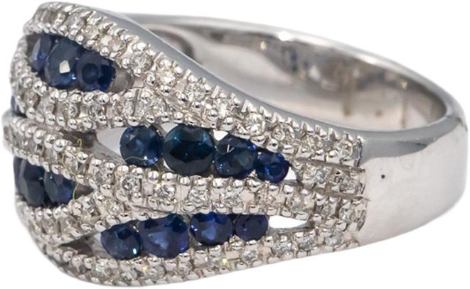 14k White Gold Round Diamond & Blue Sapphire Cocktail Ring 1.15CT Size 7