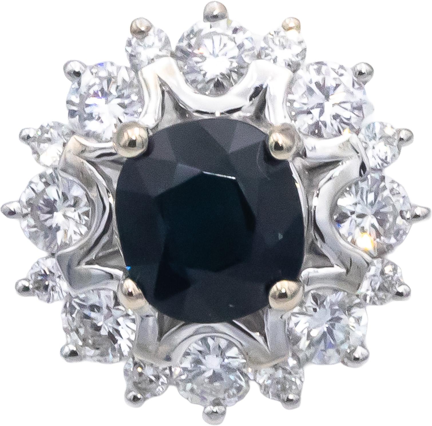 18k White Gold Round Blue Sapphire & Diamond Halo Ring 1.68CT Size 6.5