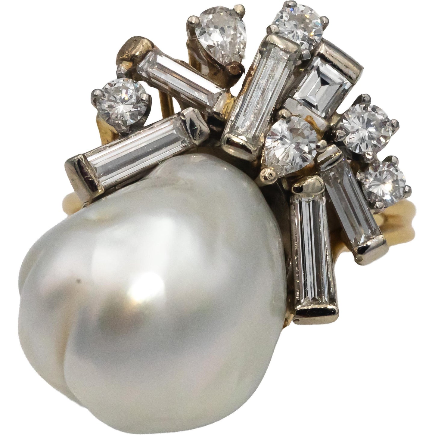 18k Yellow Gold VS Diamond & 14-15mm Baroque Pearl Cocktail Ring 1.10CT Size 7.5