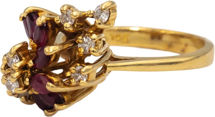 18k Yellow Gold Marquise Ruby Round Diamond Cluster Cocktail Ring 0.55CTW
