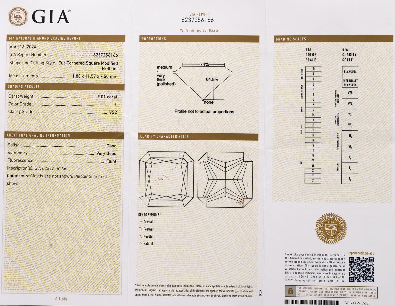 GIA Certified VS2/L Radiant Cut Diamond Loose Stone 9.01CT
