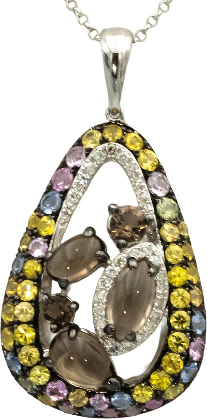 14k White Gold Diamond & Multi Color Gemstone Abstract Pendant Necklace 1.50CTW