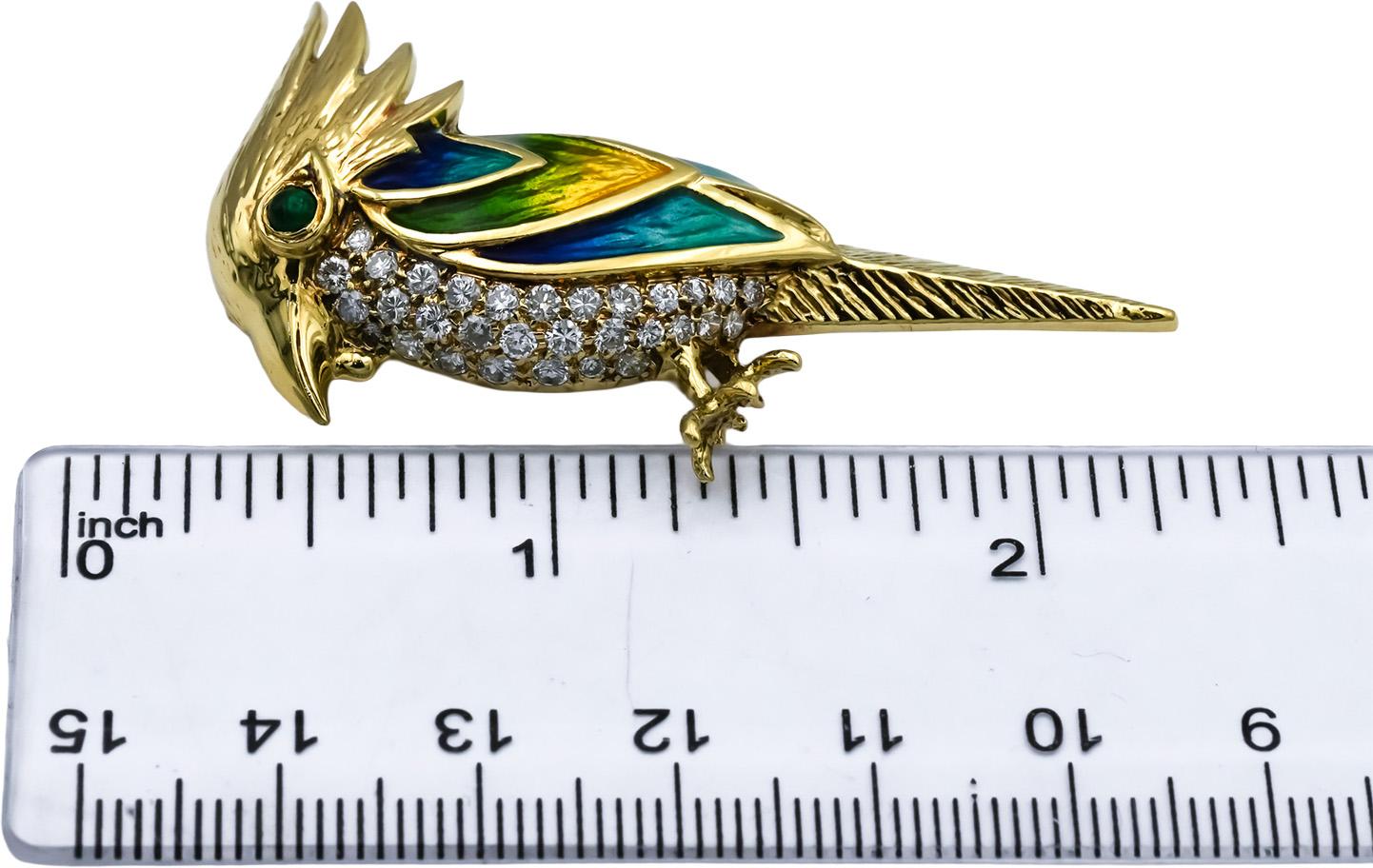 18k Yellow Gold VS Diamond and Colorful Enamel Bird Brooch 0.83CT