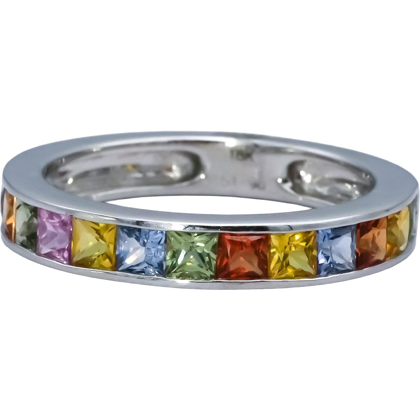 14k White Gold Channel Set Rainbow Sapphire Band Ring 1.96CT Size 7.75