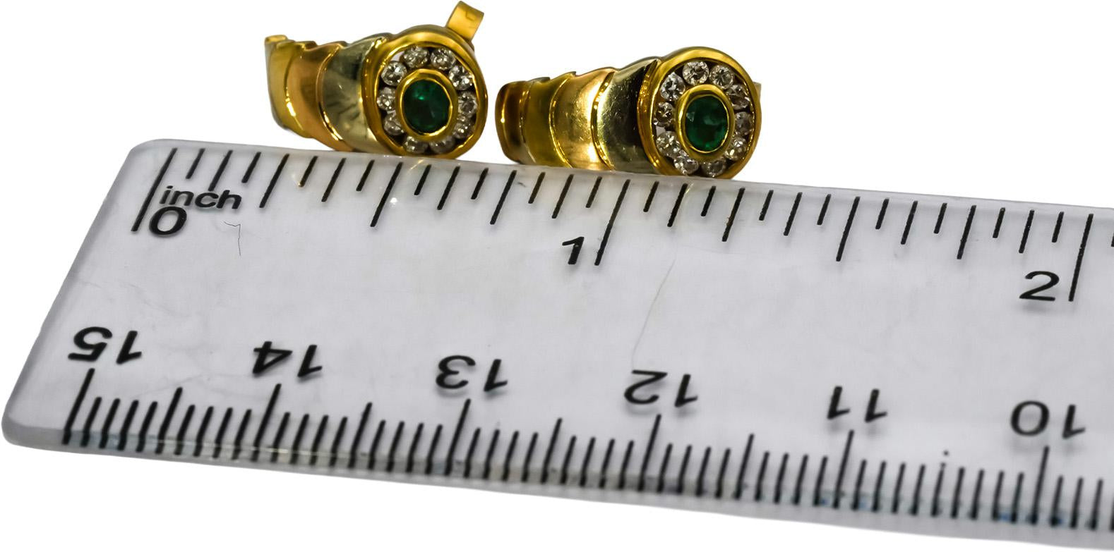 18k Yellow and White Gold Round Diamond & Oval Cut Emerald Stud Earrings 0.30CTW