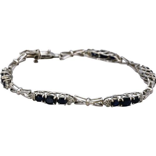 10k White Gold Oval Blue Sapphire Round Diamond Link Bracelet 1.10CTW